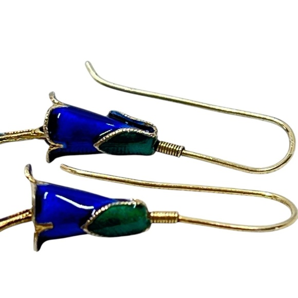 VINTAGE HUMMINGBIRD AND FLOWER Enameled 3D Dangle Drop Earrings - Picture 9 of 14